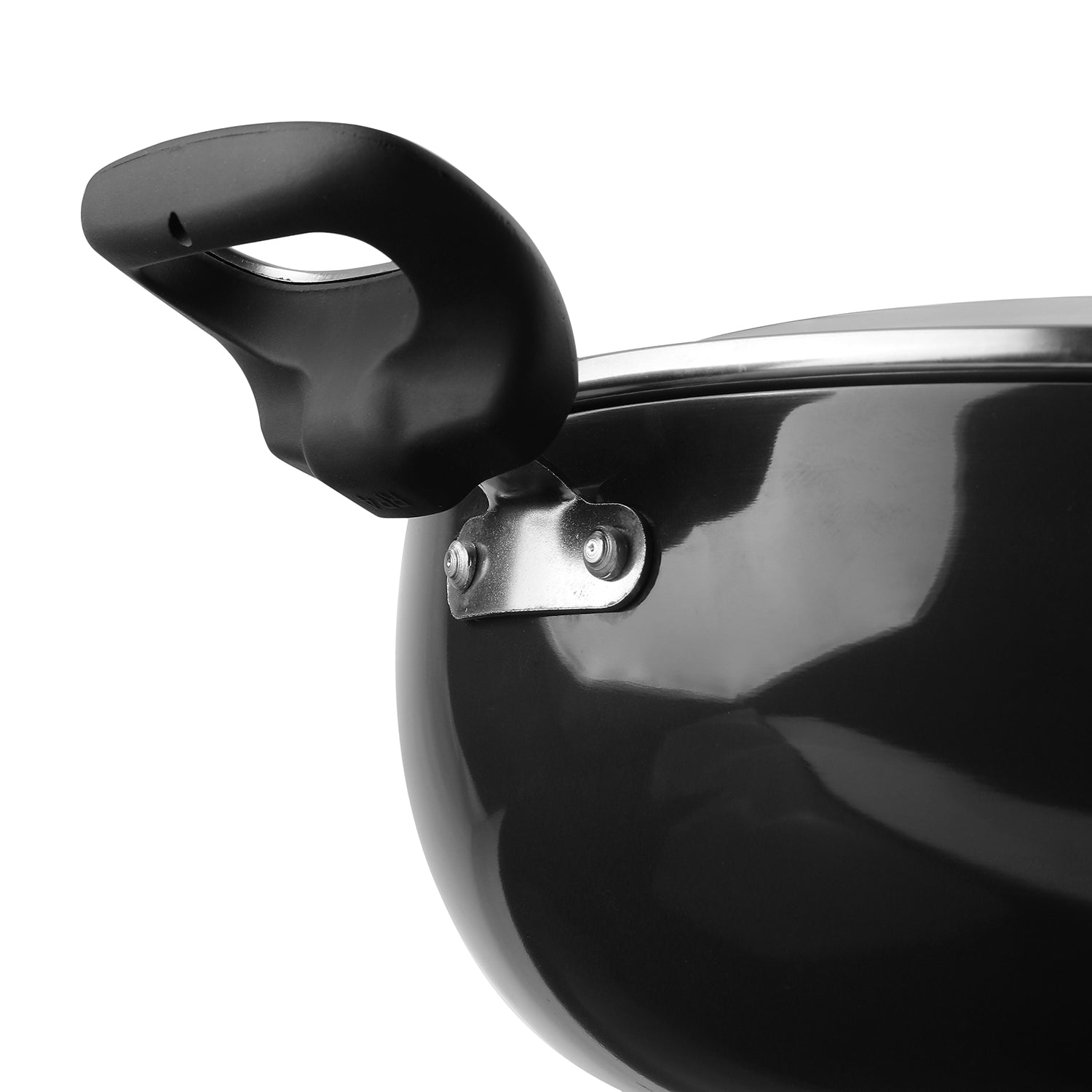 Riveted Handle of Vinod Hanos Non Stick Kadai Riveted Handle of Vinod Hanos Non Stick Kadai
