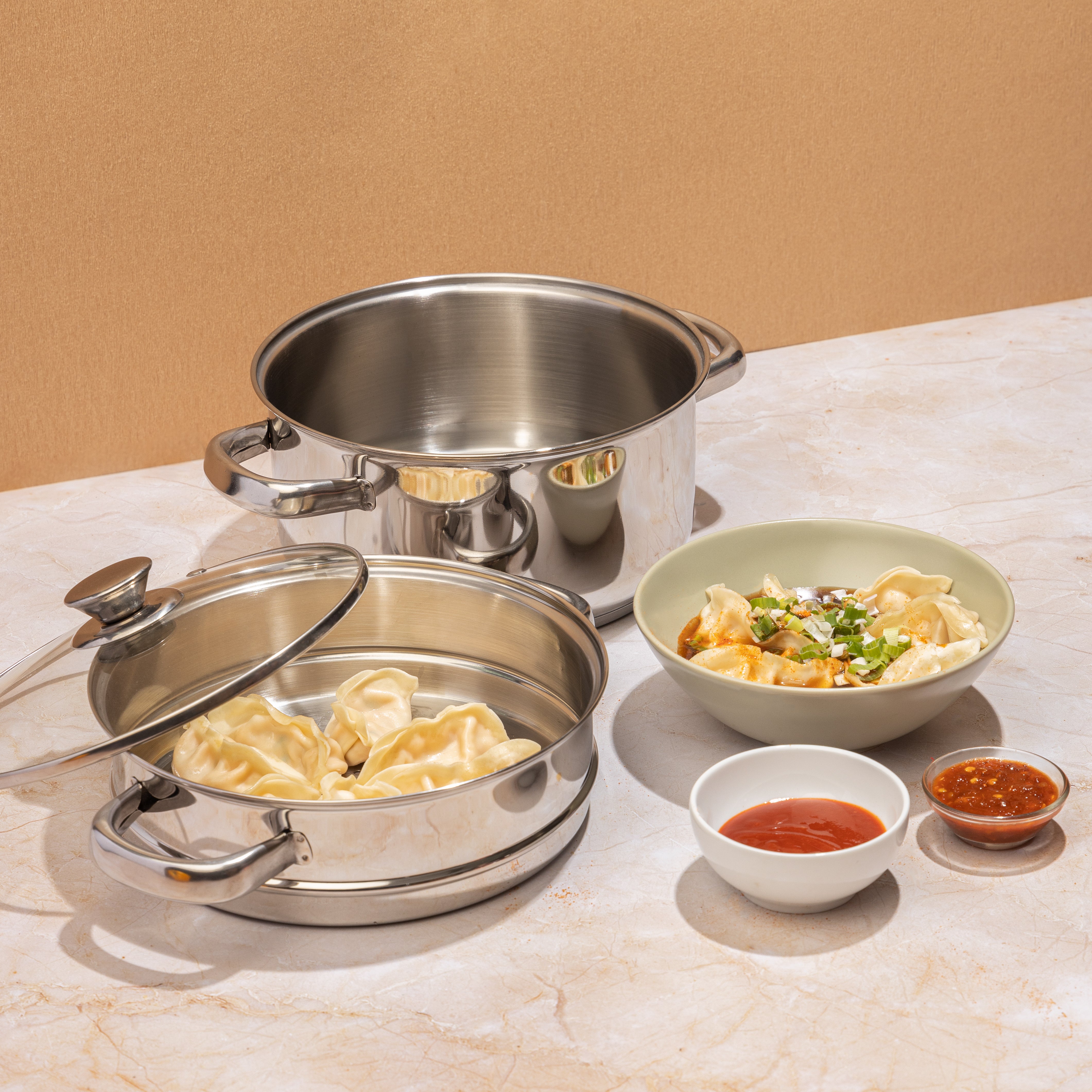 2 Tier Steamer with Glass Lid (Induction Friendly) 2 Tier Steamer with Glass Lid (Induction Friendly)