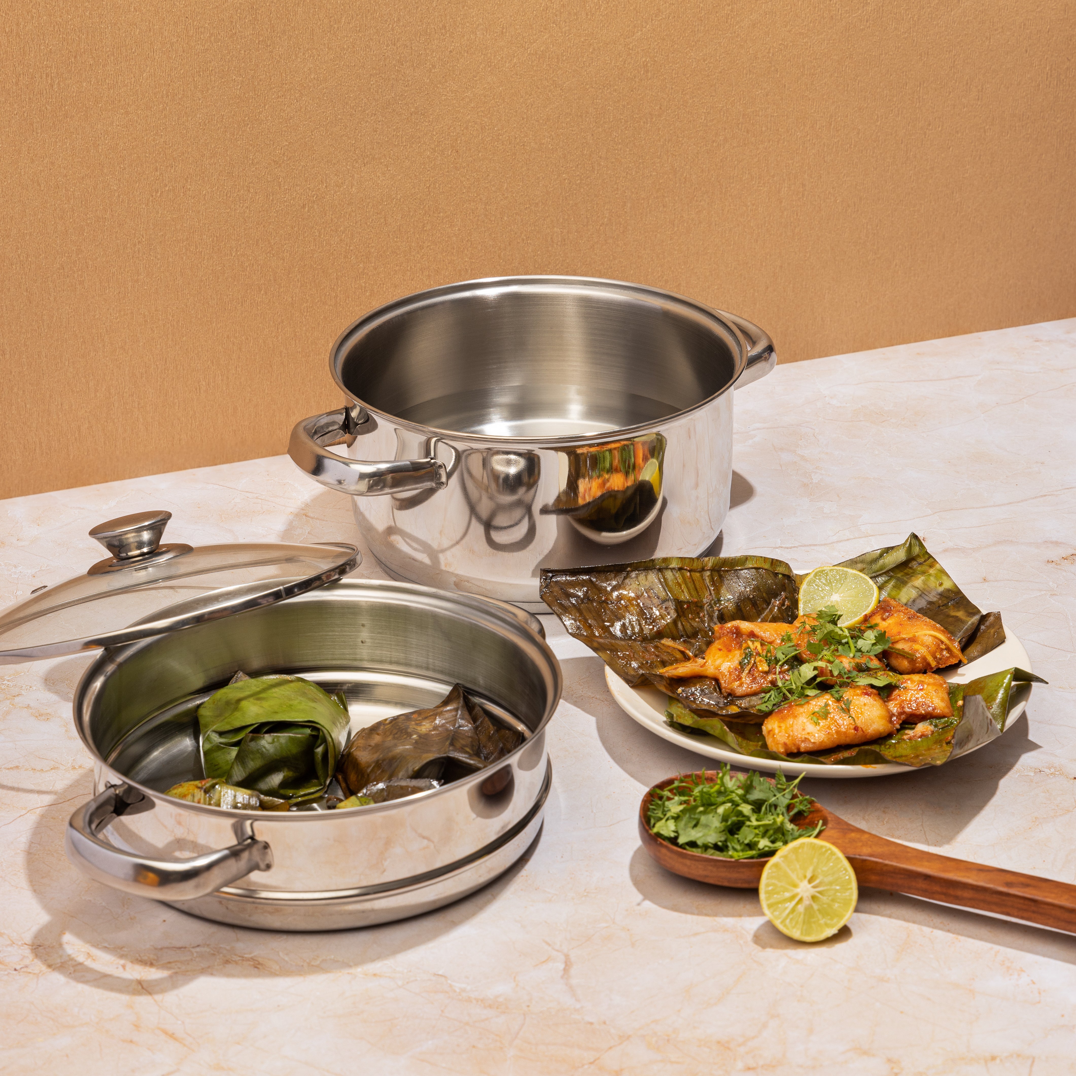 Induction Safe 2 Tier Steamer Set with Glass Lid Induction Safe 2 Tier Steamer Set with Glass Lid