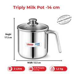 Vinod Platinum Triply Milk Pot 2 Litre - 14 cm with Glass Lid