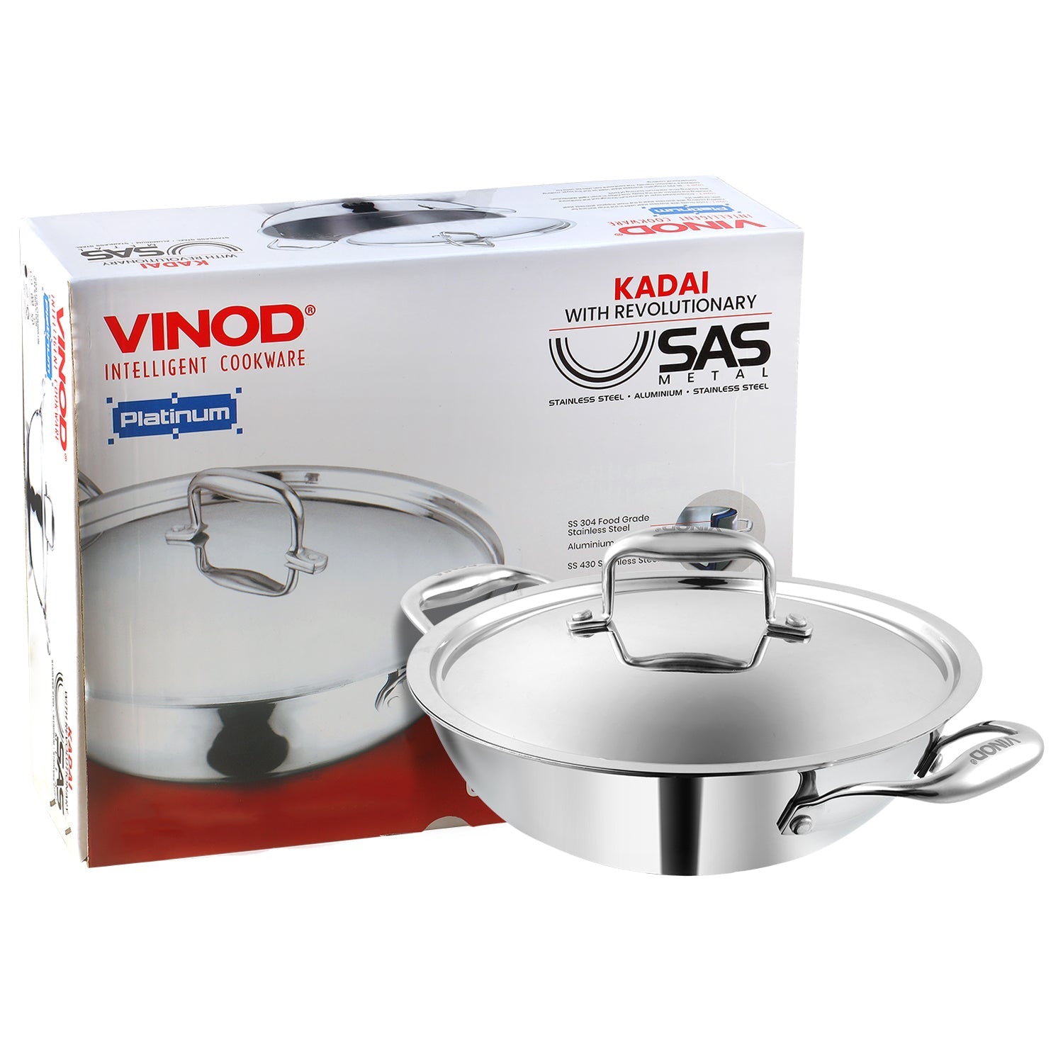 Induction Safe Vinod Platinum Triply Stainless Steel Kadai with Lid