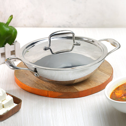 Vinod Platinum Triply Stainless Steel Kadai with Lid (Induction Friendly)