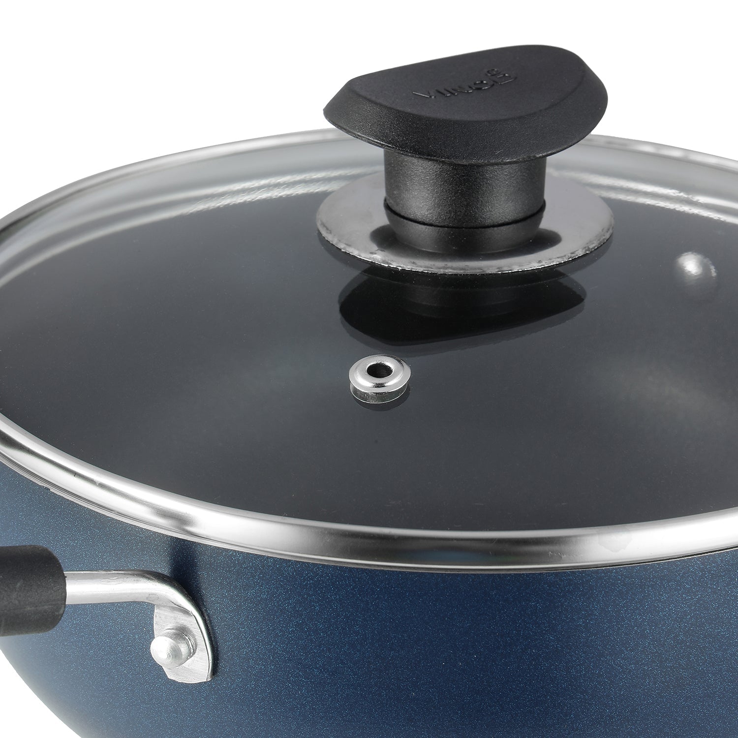 Toughened Glass Lid with Easy to Lift Knob of Non Stick Deep Kadai with Glass Lid