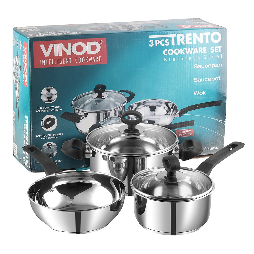 Vinod Stainless Steel Solid Trento Cookware Set - 3 Piece -  Saucepot Saucepan Wok
