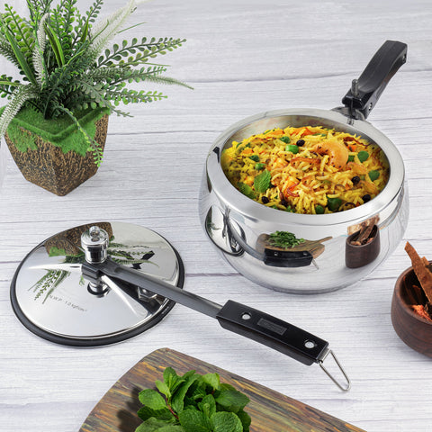 Cook biryani with Vinod Europa Stainless Steel Handi Shape Inner Lid Pressure Cooker (Induction - Friendly)
