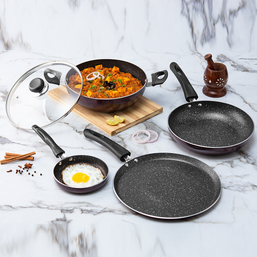 4 Piece Non Stick Cookware Set - Kadai with Glass Lid, Frypan, Dosa Tawa and Tadka Pan