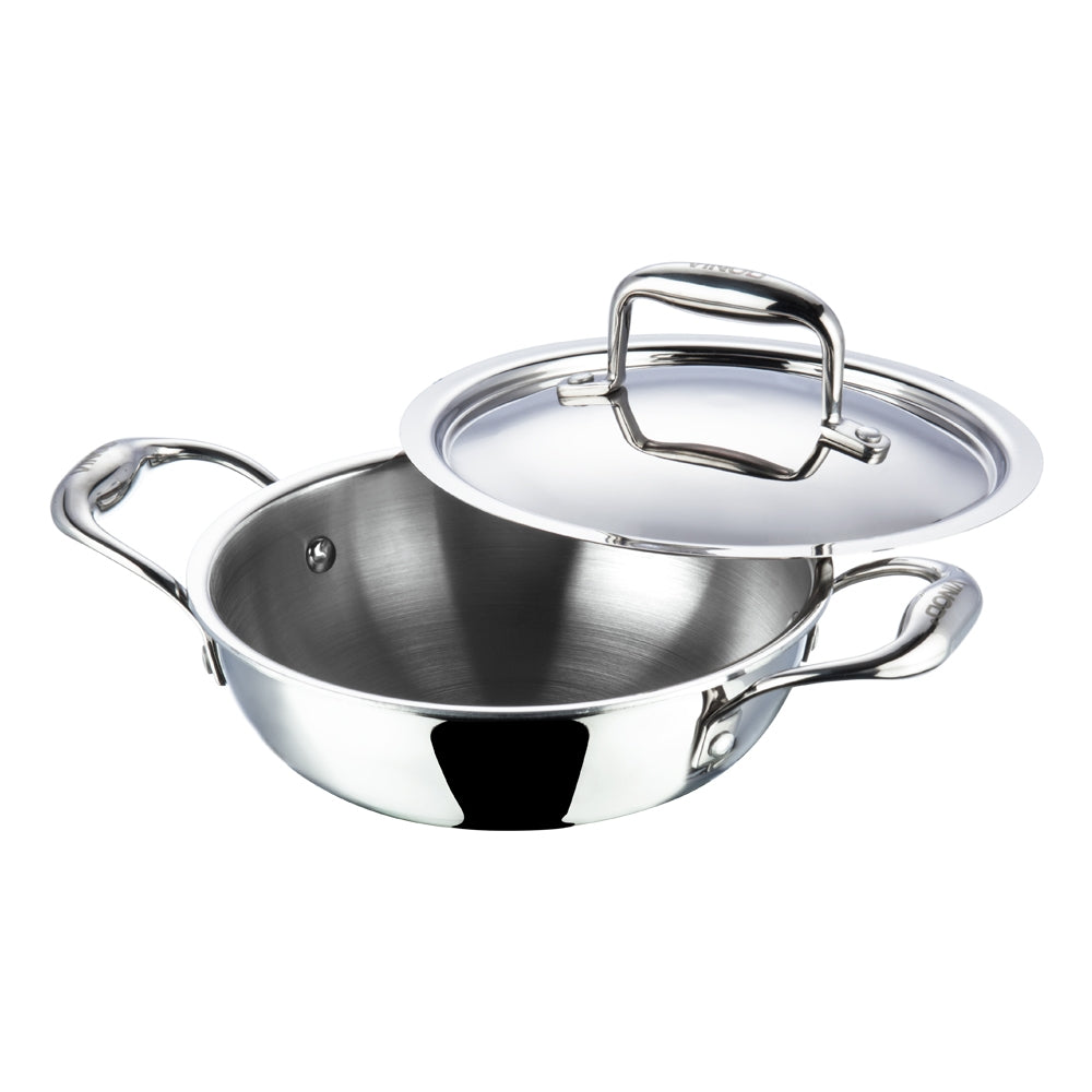 Induction and Gas Compatible Triply Stainless Steel Deep Kadai with Glass Lid - Vinod Cookware