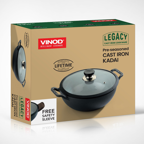 Heavy Duty, Long Lasting Pre-Seasoned Cast Iron Kadai with Glass Lid and Free Safety Sleeve